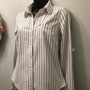 Hollister White Navy Striped Long Sleeved Shirt